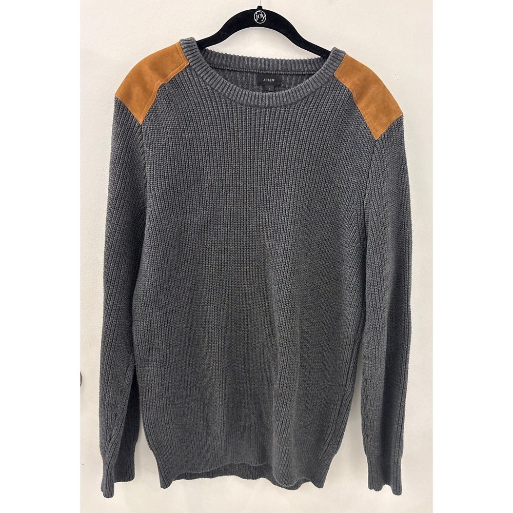 J Crew Men's Crew Neck Cotton Dark Gray Suede Shoulder Patches SweaterSize L